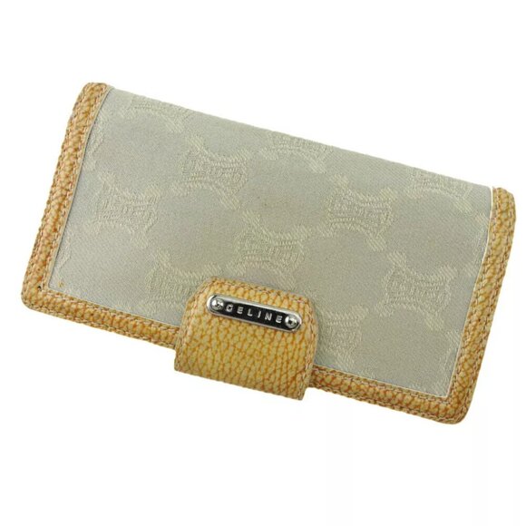 CELINE Long Purse Macadam Beige Orange Canvas ?~ Leather Authentic Used - Picture 1 of 10